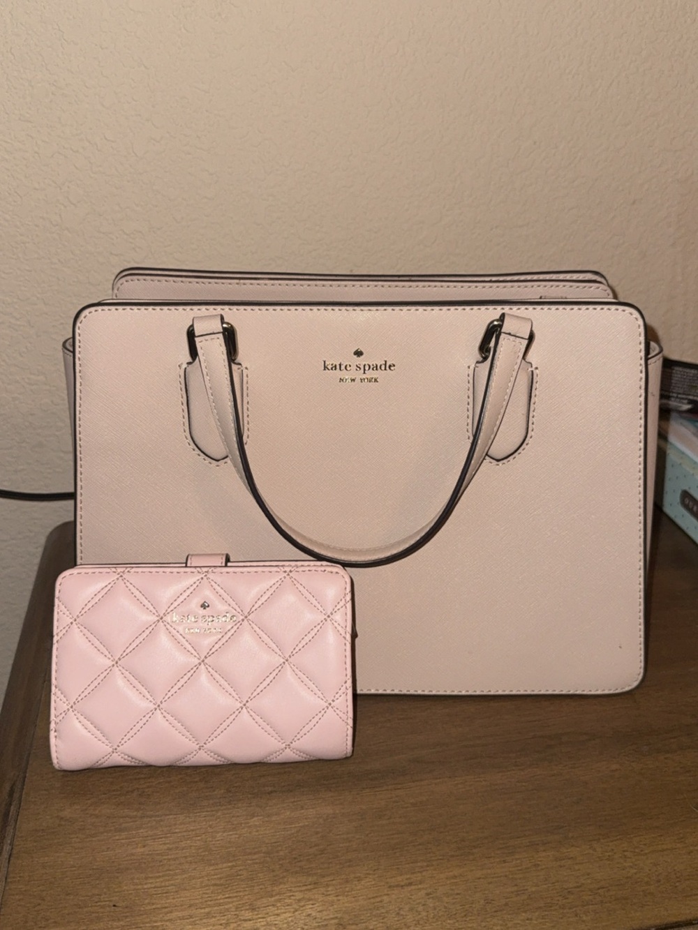 kate spade Blush Pink Leather Satchel with Quilted Pink Wallet